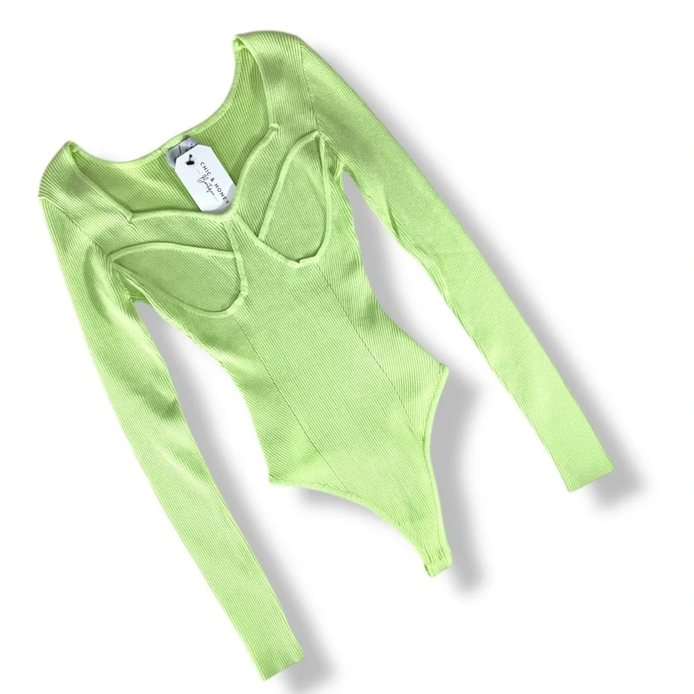 Chic & Honey Lime Green Ribbed Long‎ Sleeve Square Neck Bodysuit OS